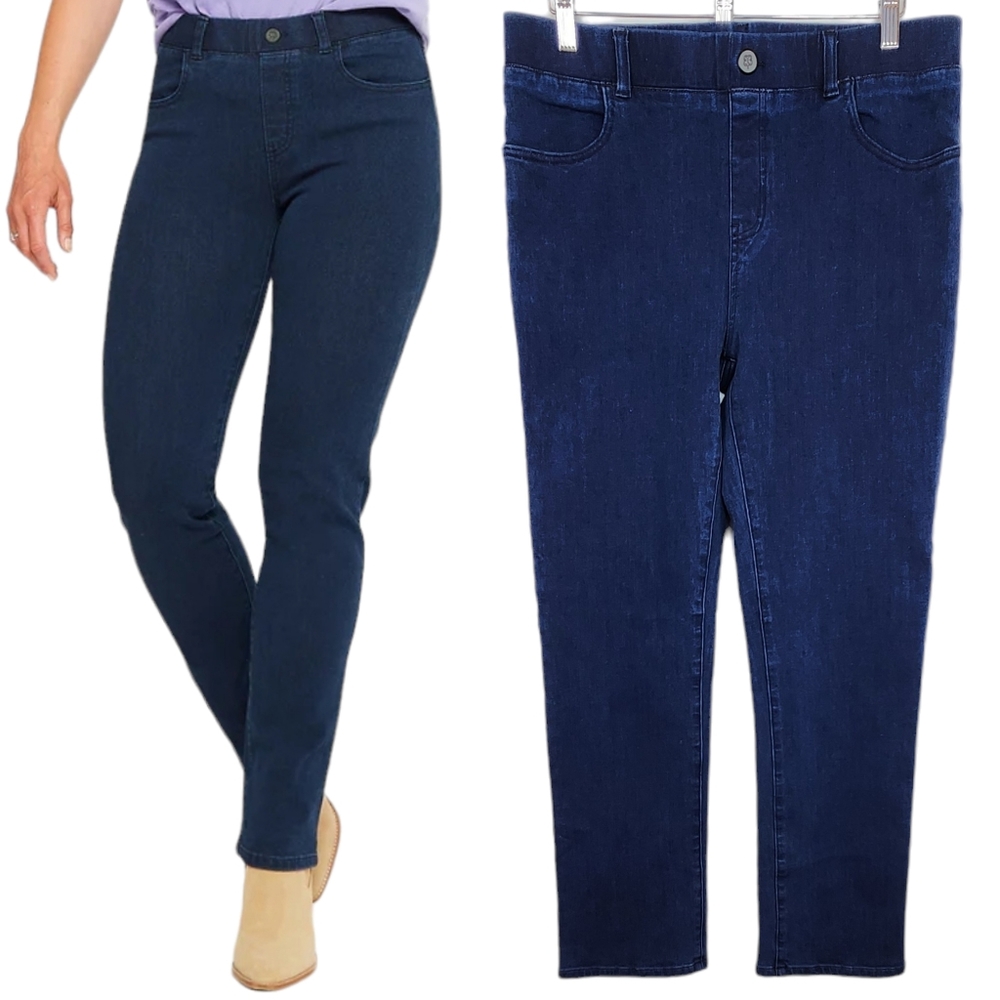 Betabrand Petite Straight Leg Yoga Denim Jeans 4-Pocket Dark Indigo Petite Large